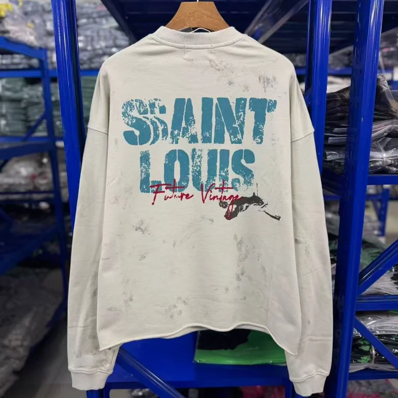 Mens Vintage Distressed Sweatshirt Saint Boxy Raw Cropped Hem Sleeve Sketch Print Top