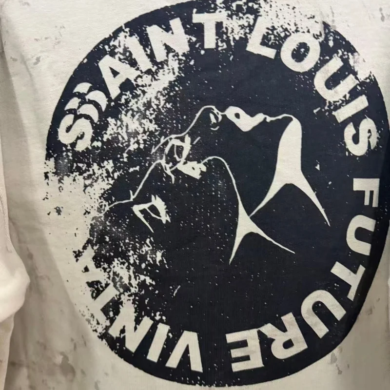 Mens Vintage Distressed Sweatshirt Saint Boxy Raw Cropped Hem Sleeve Sketch Print Top