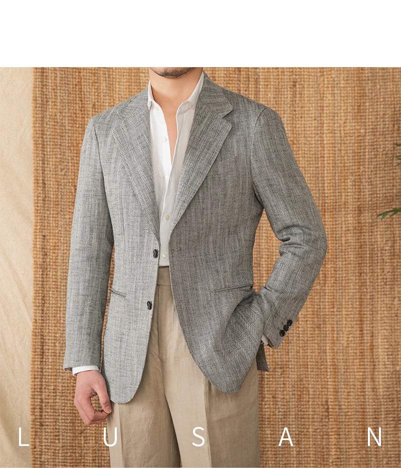 Cotton and linen herringbone pattern business gentleman thin half-lining suit NAPOLI casual slim suit men's