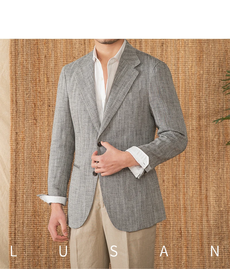 Cotton and linen herringbone pattern business gentleman thin half-lining suit NAPOLI casual slim suit men's