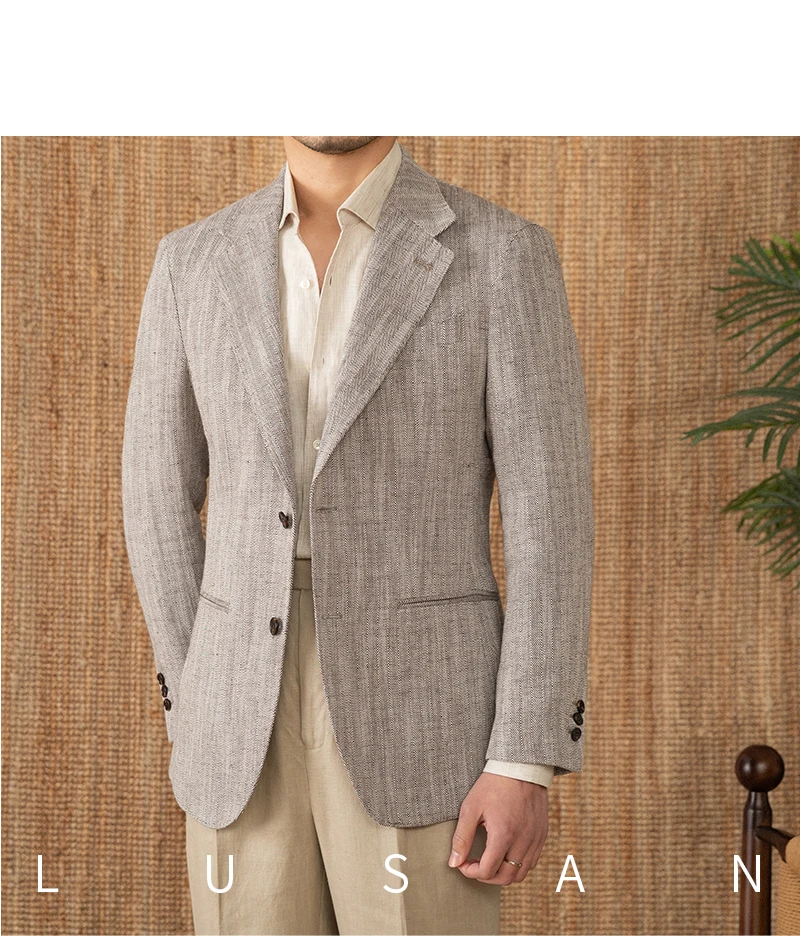 Cotton and linen herringbone pattern business gentleman thin half-lining suit NAPOLI casual slim suit men's