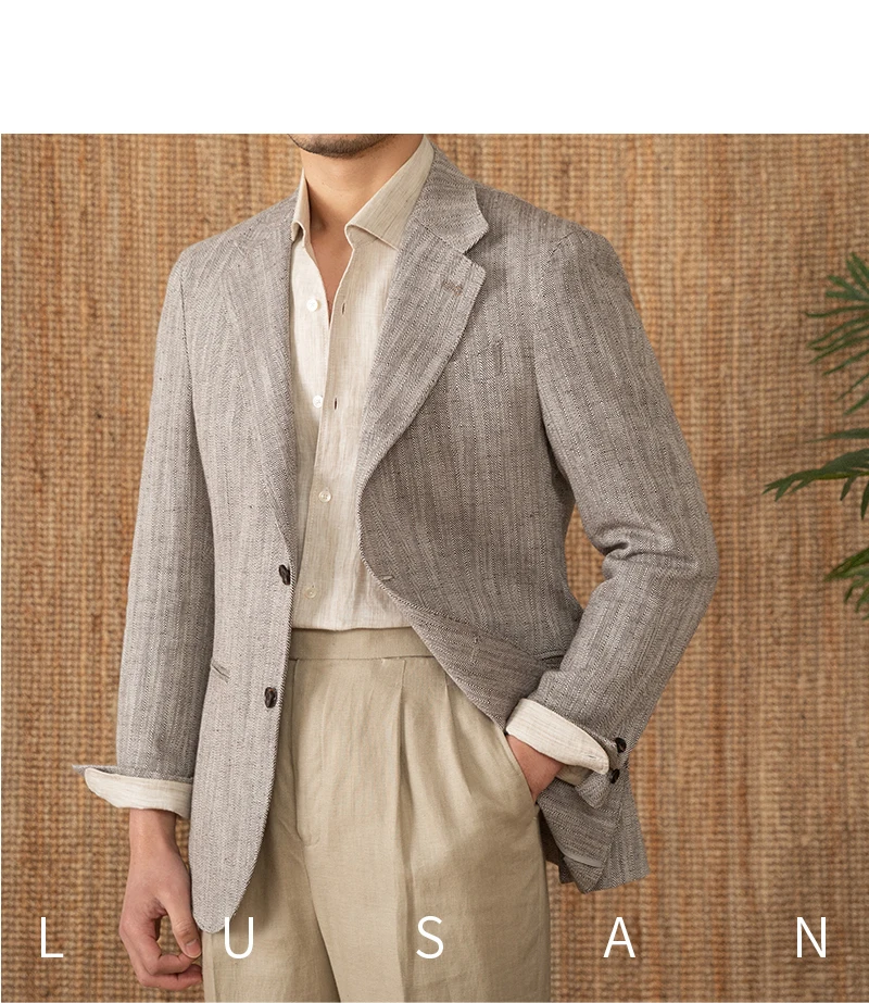 Cotton and linen herringbone pattern business gentleman thin half-lining suit NAPOLI casual slim suit men's