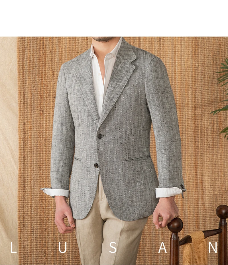 Cotton and linen herringbone pattern business gentleman thin half-lining suit NAPOLI casual slim suit men's