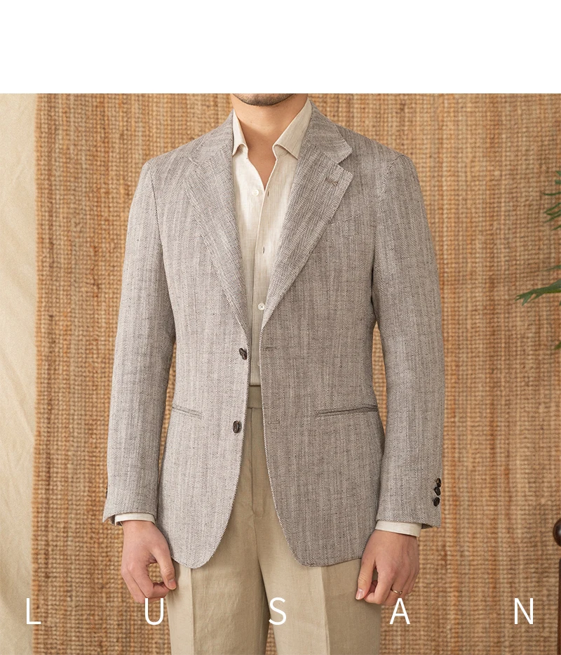 Cotton and linen herringbone pattern business gentleman thin half-lining suit NAPOLI casual slim suit men's
