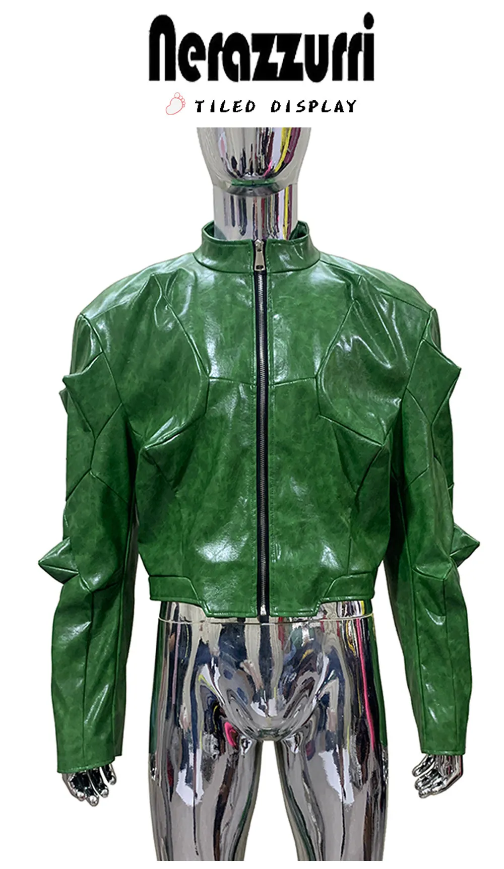 Nerazzurri Autumn Short Shiny Bright Green Deconstruction Pu Leather Jacket Men Luxury Designer Punk Style Menswear Streetwear