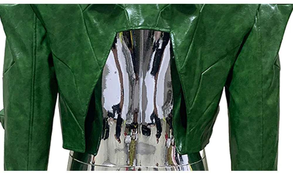 Nerazzurri Autumn Short Shiny Bright Green Deconstruction Pu Leather Jacket Men Luxury Designer Punk Style Menswear Streetwear
