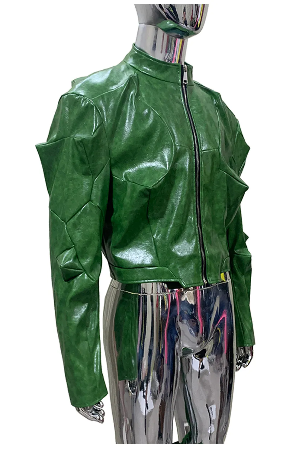 Nerazzurri Autumn Short Shiny Bright Green Deconstruction Pu Leather Jacket Men Luxury Designer Punk Style Menswear Streetwear