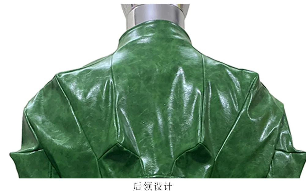 Nerazzurri Autumn Short Shiny Bright Green Deconstruction Pu Leather Jacket Men Luxury Designer Punk Style Menswear Streetwear