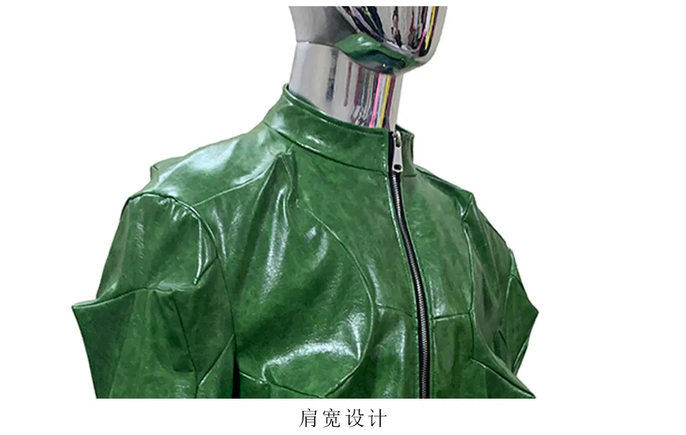 Nerazzurri Autumn Short Shiny Bright Green Deconstruction Pu Leather Jacket Men Luxury Designer Punk Style Menswear Streetwear
