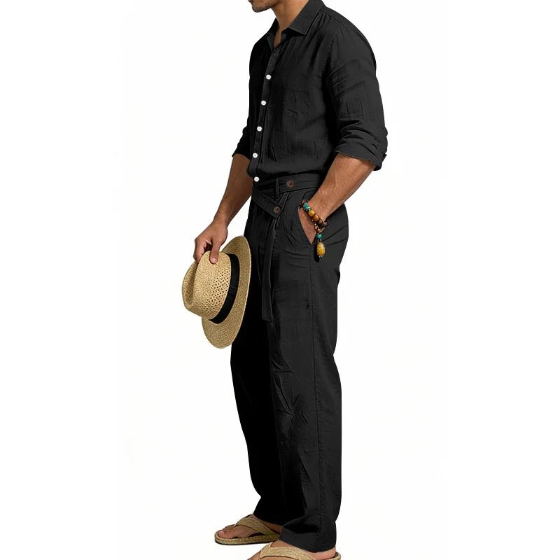 Spring Autumn Linen Men's Casual Set Amazon Loose Lapel Long Sleeve Shirt & Long Pants 2 Piece Set Wholesale