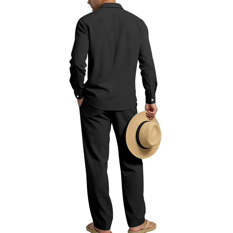Spring Autumn Linen Men's Casual Set Amazon Loose Lapel Long Sleeve Shirt & Long Pants 2 Piece Set Wholesale