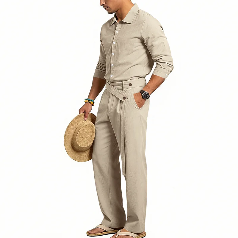 Spring Autumn Linen Men's Casual Set Amazon Loose Lapel Long Sleeve Shirt & Long Pants 2 Piece Set Wholesale