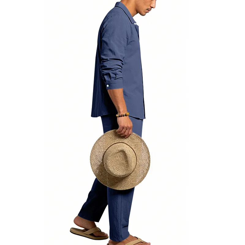 Spring Autumn Linen Men's Casual Set Amazon Loose Lapel Long Sleeve Shirt & Long Pants 2 Piece Set Wholesale