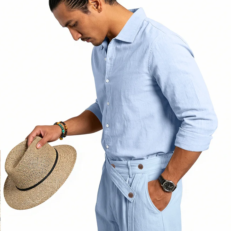 Spring Autumn Linen Men's Casual Set Amazon Loose Lapel Long Sleeve Shirt & Long Pants 2 Piece Set Wholesale