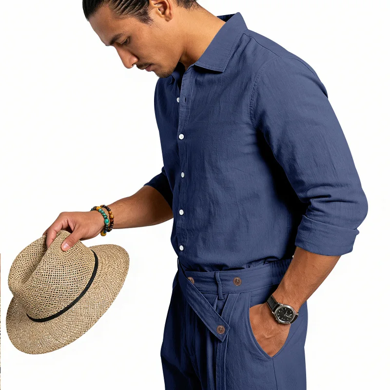 Spring Autumn Linen Men's Casual Set Amazon Loose Lapel Long Sleeve Shirt & Long Pants 2 Piece Set Wholesale