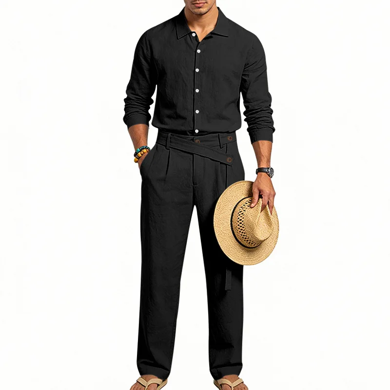 Spring Autumn Linen Men's Casual Set Amazon Loose Lapel Long Sleeve Shirt & Long Pants 2 Piece Set Wholesale