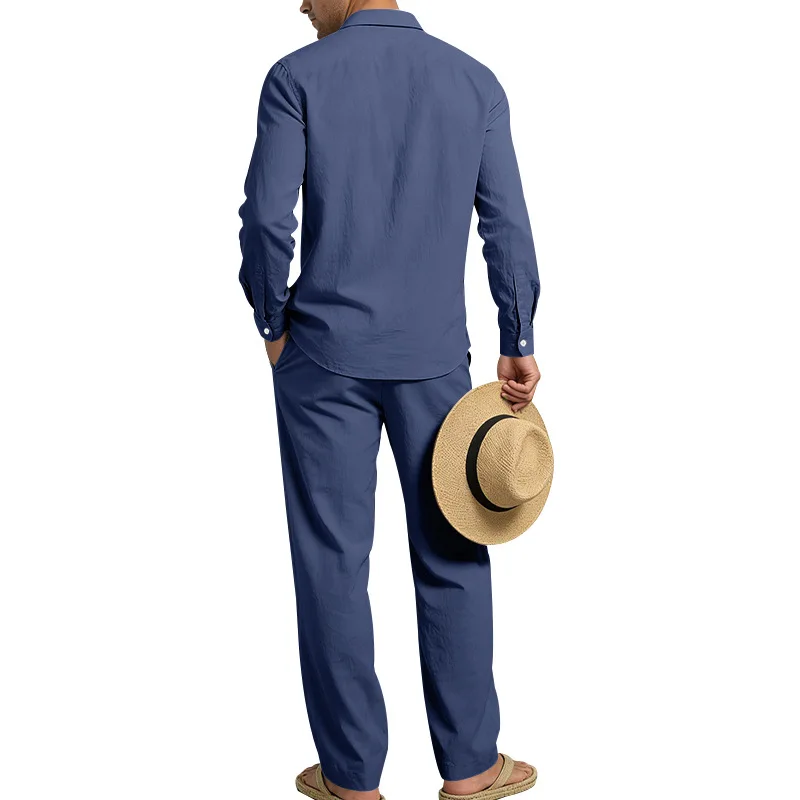 Spring Autumn Linen Men's Casual Set Amazon Loose Lapel Long Sleeve Shirt & Long Pants 2 Piece Set Wholesale