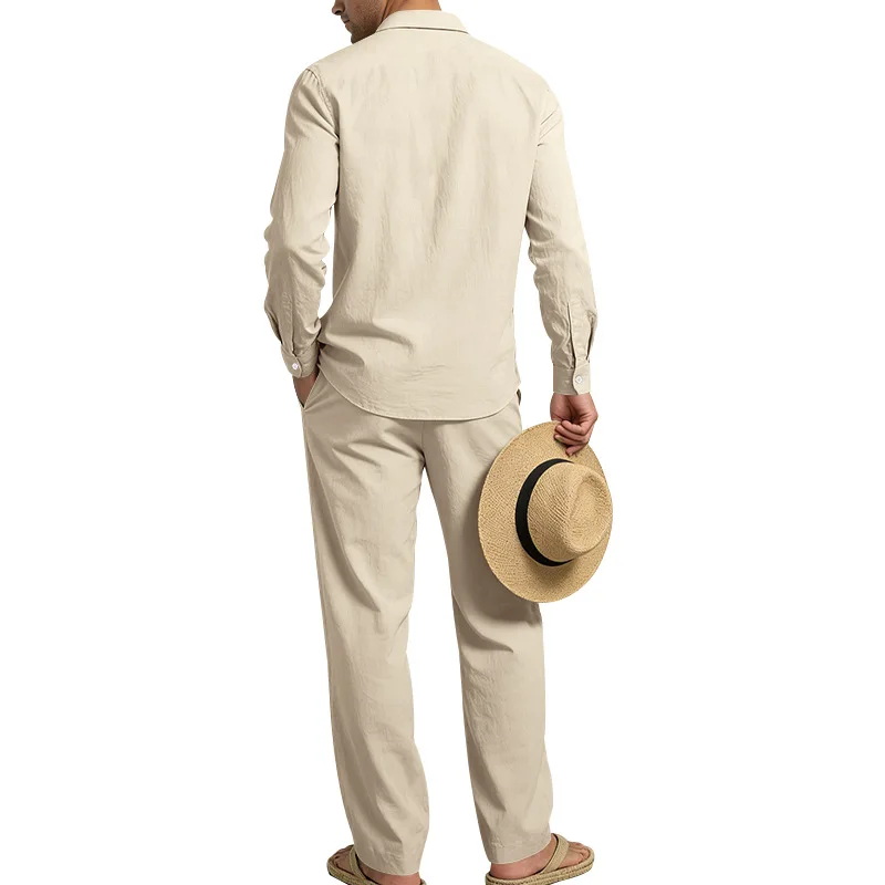 Spring Autumn Linen Men's Casual Set Amazon Loose Lapel Long Sleeve Shirt & Long Pants 2 Piece Set Wholesale