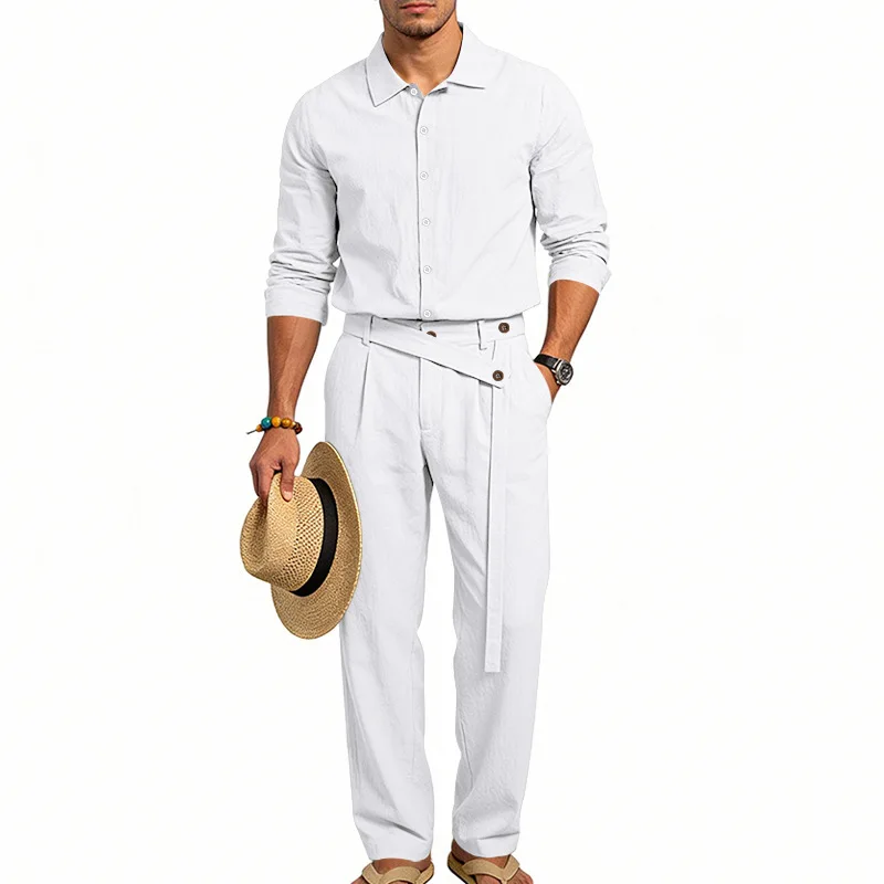 Spring Autumn Linen Men's Casual Set Amazon Loose Lapel Long Sleeve Shirt & Long Pants 2 Piece Set Wholesale