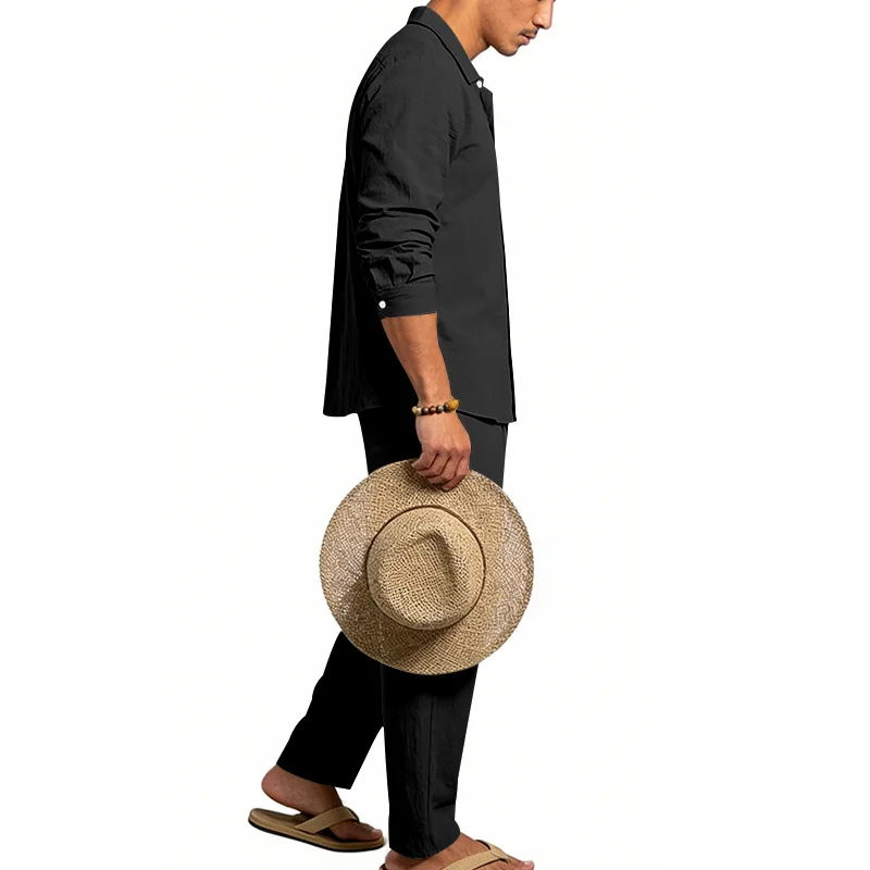 Spring Autumn Linen Men's Casual Set Amazon Loose Lapel Long Sleeve Shirt & Long Pants 2 Piece Set Wholesale