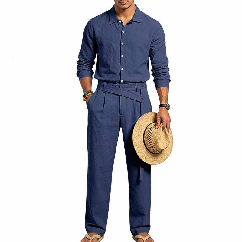 Spring Autumn Linen Men's Casual Set Amazon Loose Lapel Long Sleeve Shirt & Long Pants 2 Piece Set Wholesale