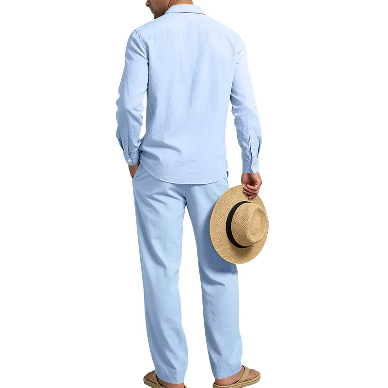 Spring Autumn Linen Men's Casual Set Amazon Loose Lapel Long Sleeve Shirt & Long Pants 2 Piece Set Wholesale