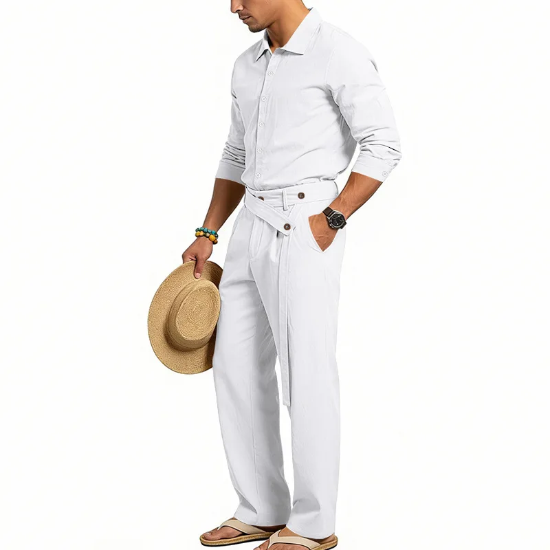 Spring Autumn Linen Men's Casual Set Amazon Loose Lapel Long Sleeve Shirt & Long Pants 2 Piece Set Wholesale