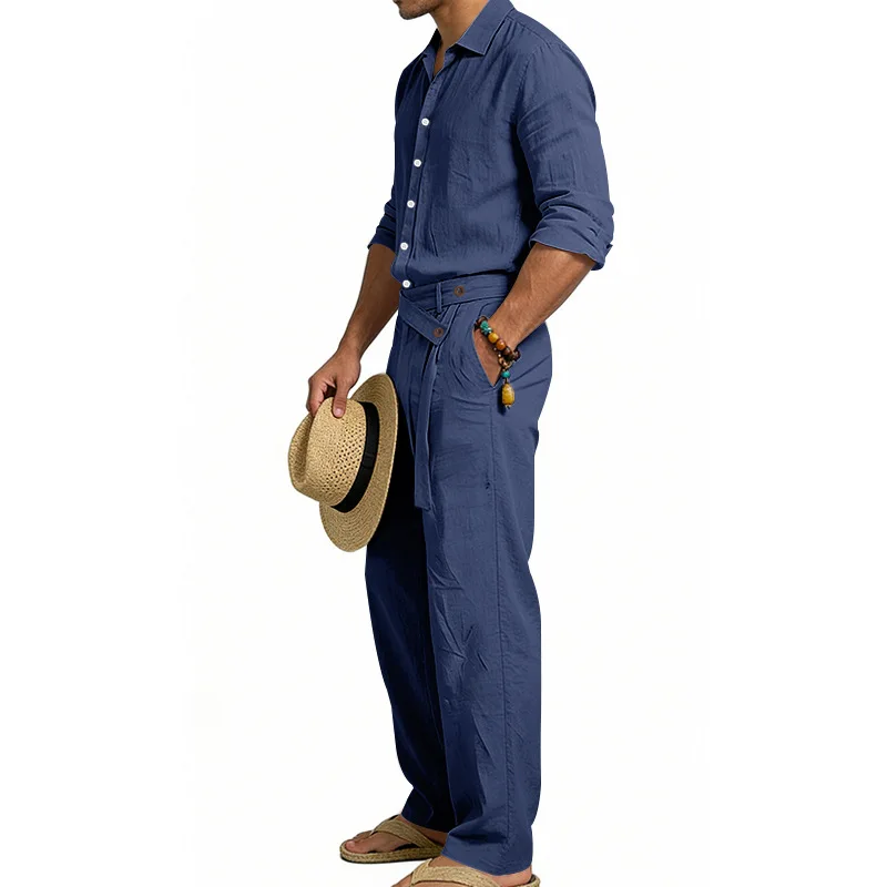 Spring Autumn Linen Men's Casual Set Amazon Loose Lapel Long Sleeve Shirt & Long Pants 2 Piece Set Wholesale