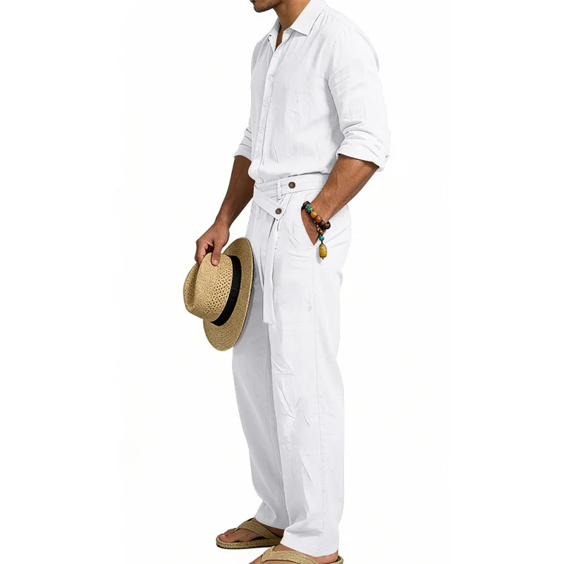 Spring Autumn Linen Men's Casual Set Amazon Loose Lapel Long Sleeve Shirt & Long Pants 2 Piece Set Wholesale