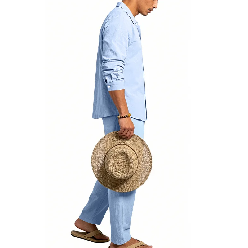 Spring Autumn Linen Men's Casual Set Amazon Loose Lapel Long Sleeve Shirt & Long Pants 2 Piece Set Wholesale