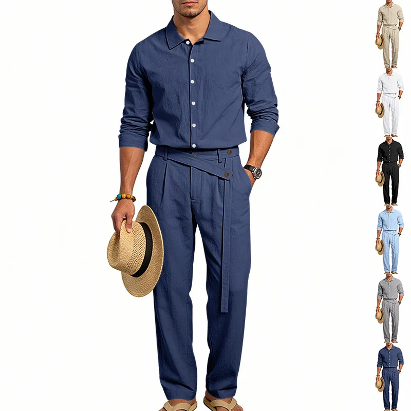 Spring Autumn Linen Men's Casual Set Amazon Loose Lapel Long Sleeve Shirt & Long Pants 2 Piece Set Wholesale