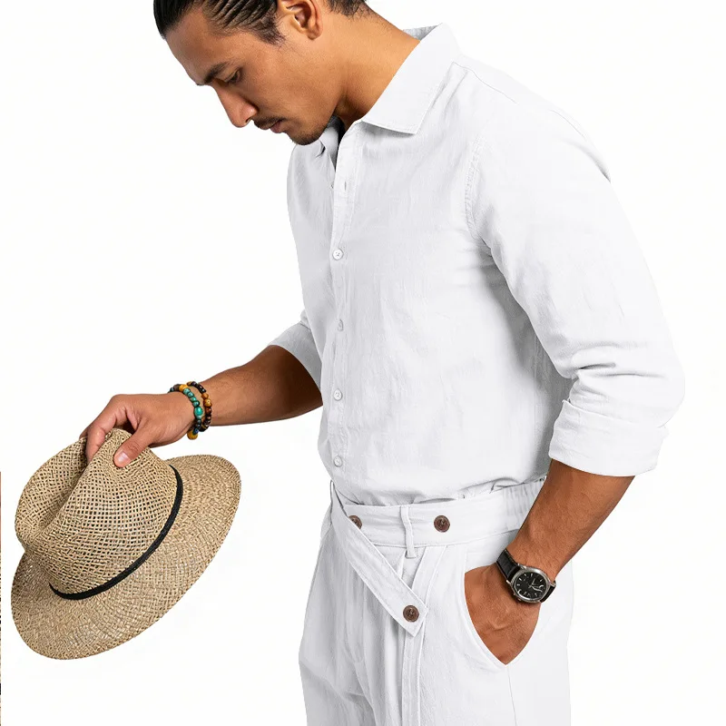 Spring Autumn Linen Men's Casual Set Amazon Loose Lapel Long Sleeve Shirt & Long Pants 2 Piece Set Wholesale