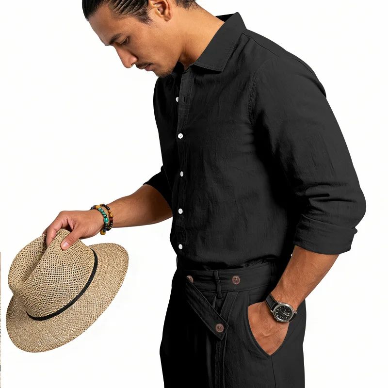 Spring Autumn Linen Men's Casual Set Amazon Loose Lapel Long Sleeve Shirt & Long Pants 2 Piece Set Wholesale