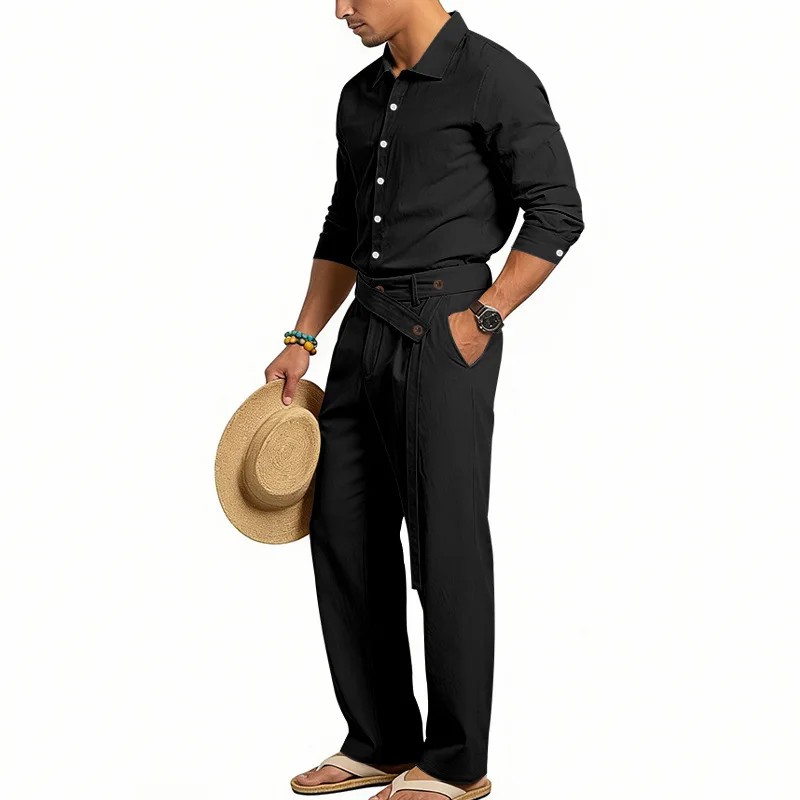 Spring Autumn Linen Men's Casual Set Amazon Loose Lapel Long Sleeve Shirt & Long Pants 2 Piece Set Wholesale