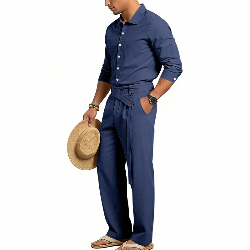 Spring Autumn Linen Men's Casual Set Amazon Loose Lapel Long Sleeve Shirt & Long Pants 2 Piece Set Wholesale