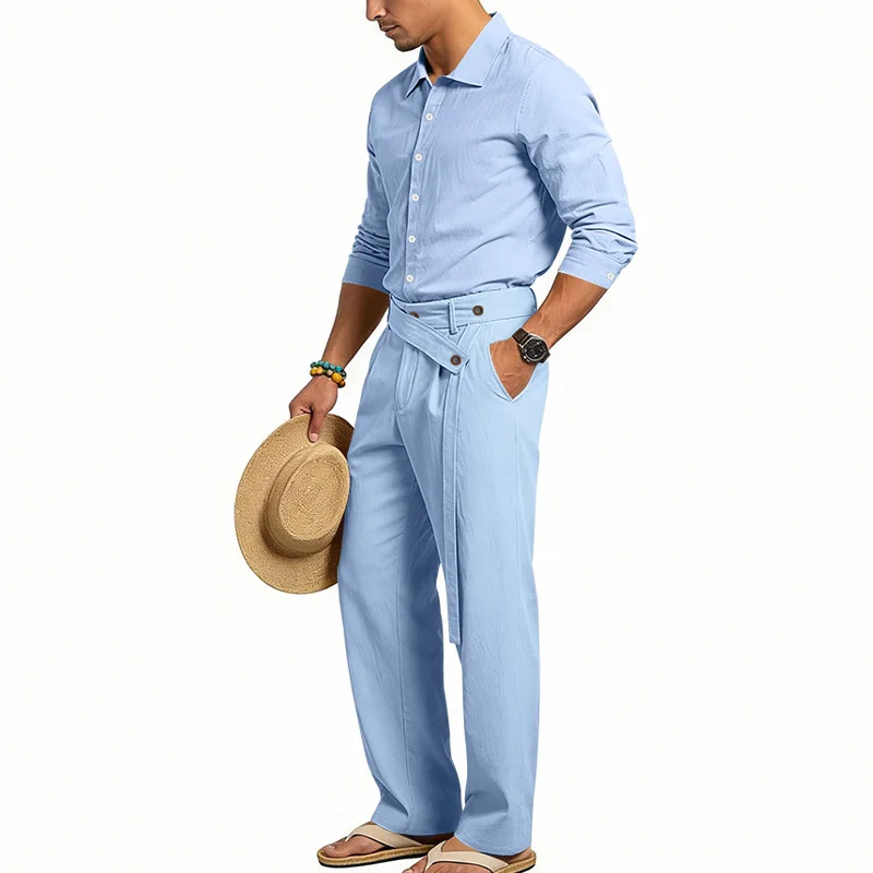 Spring Autumn Linen Men's Casual Set Amazon Loose Lapel Long Sleeve Shirt & Long Pants 2 Piece Set Wholesale