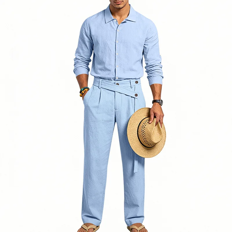 Spring Autumn Linen Men's Casual Set Amazon Loose Lapel Long Sleeve Shirt & Long Pants 2 Piece Set Wholesale