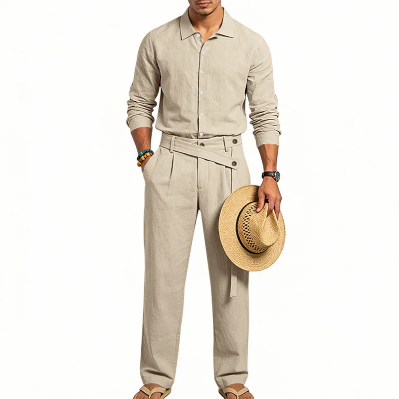 Spring Autumn Linen Men's Casual Set Amazon Loose Lapel Long Sleeve Shirt & Long Pants 2 Piece Set Wholesale