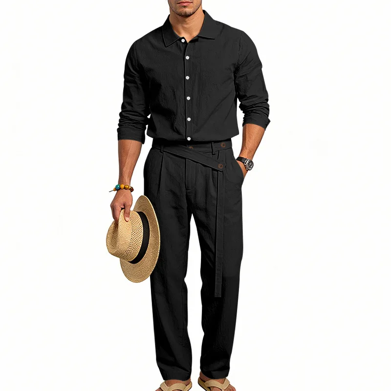 Spring Autumn Linen Men's Casual Set Amazon Loose Lapel Long Sleeve Shirt & Long Pants 2 Piece Set Wholesale