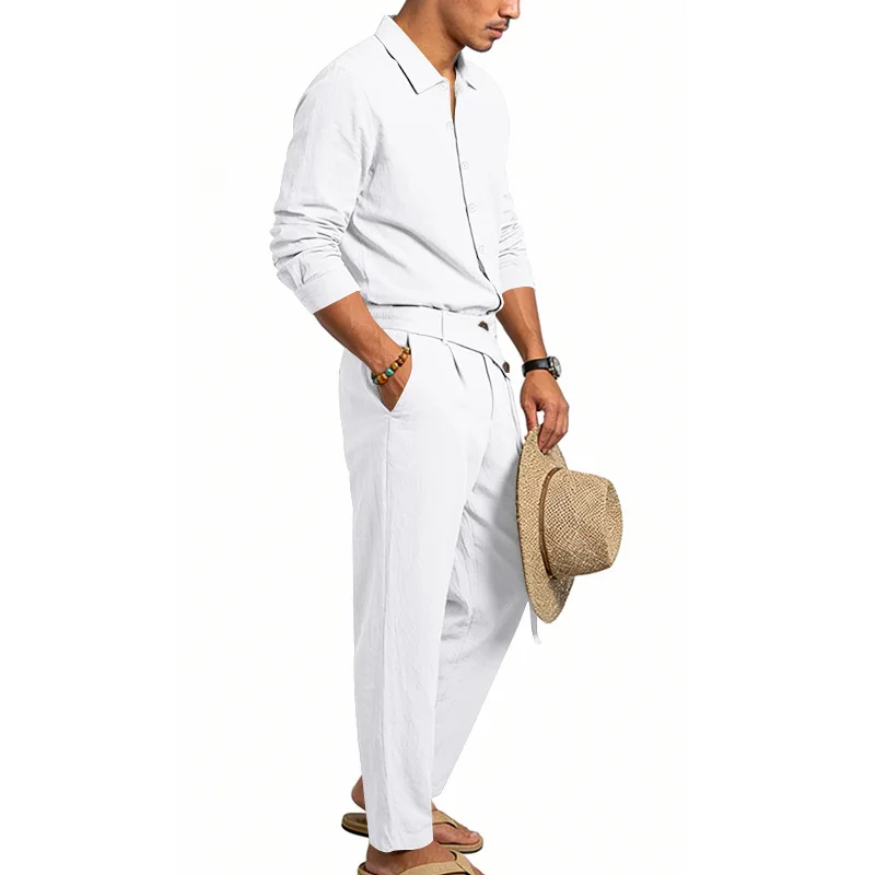 Spring Autumn Linen Men's Casual Set Amazon Loose Lapel Long Sleeve Shirt & Long Pants 2 Piece Set Wholesale