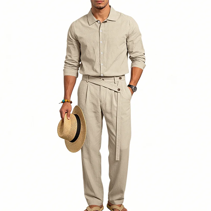 Spring Autumn Linen Men's Casual Set Amazon Loose Lapel Long Sleeve Shirt & Long Pants 2 Piece Set Wholesale