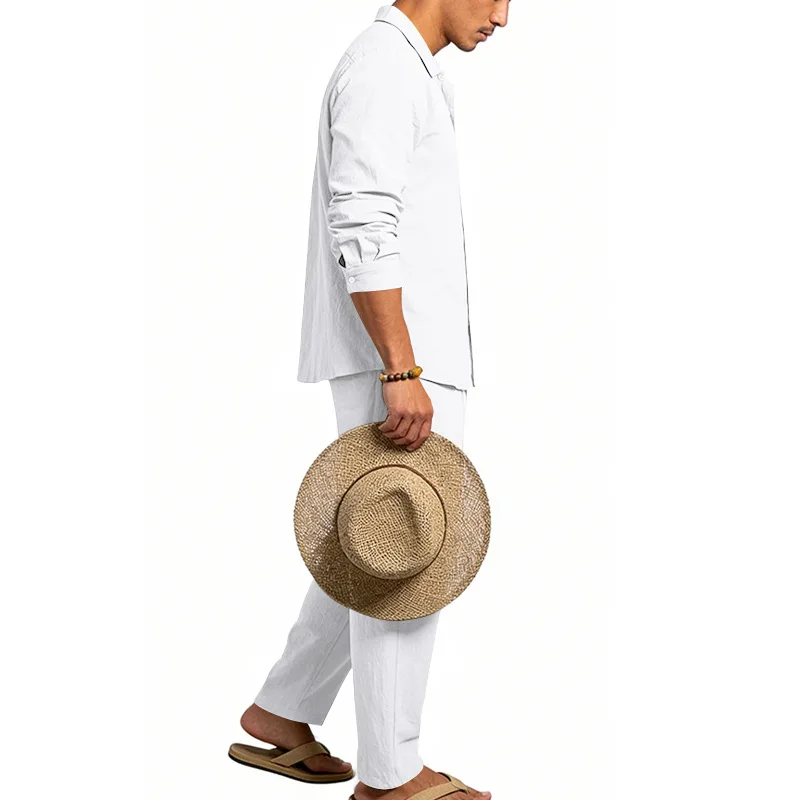Spring Autumn Linen Men's Casual Set Amazon Loose Lapel Long Sleeve Shirt & Long Pants 2 Piece Set Wholesale