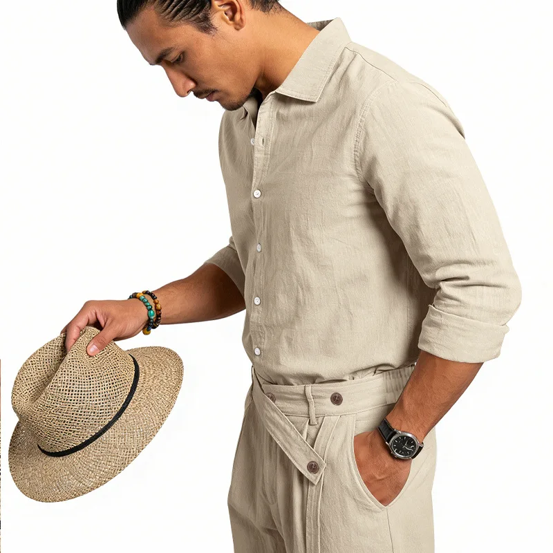 Spring Autumn Linen Men's Casual Set Amazon Loose Lapel Long Sleeve Shirt & Long Pants 2 Piece Set Wholesale