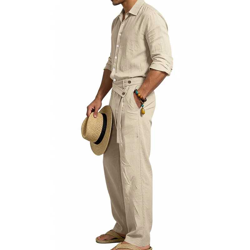 Spring Autumn Linen Men's Casual Set Amazon Loose Lapel Long Sleeve Shirt & Long Pants 2 Piece Set Wholesale