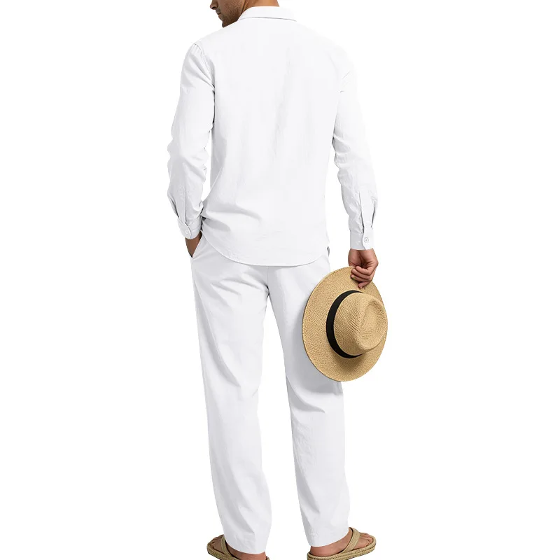 Spring Autumn Linen Men's Casual Set Amazon Loose Lapel Long Sleeve Shirt & Long Pants 2 Piece Set Wholesale