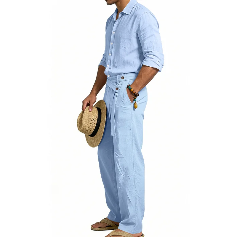 Spring Autumn Linen Men's Casual Set Amazon Loose Lapel Long Sleeve Shirt & Long Pants 2 Piece Set Wholesale