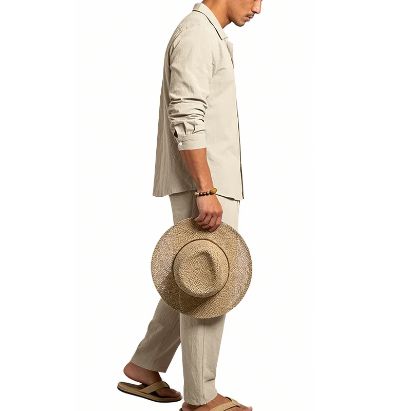 Spring Autumn Linen Men's Casual Set Amazon Loose Lapel Long Sleeve Shirt & Long Pants 2 Piece Set Wholesale