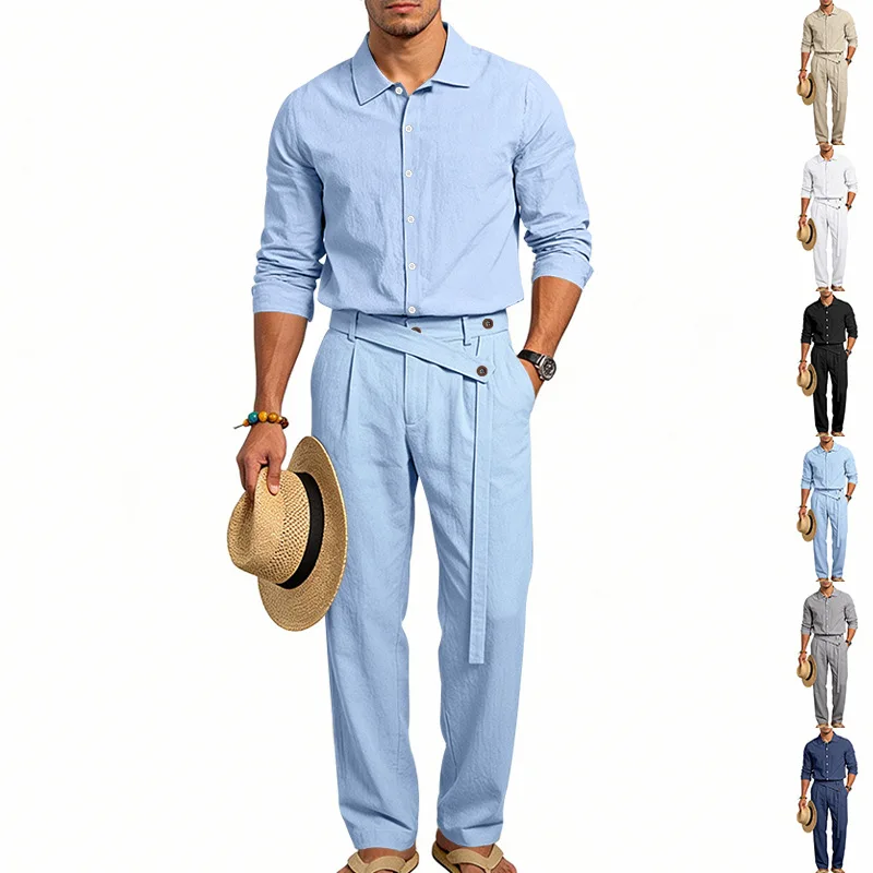 Spring Autumn Linen Men's Casual Set Amazon Loose Lapel Long Sleeve Shirt & Long Pants 2 Piece Set Wholesale