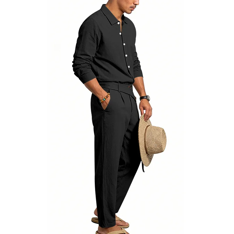 Spring Autumn Linen Men's Casual Set Amazon Loose Lapel Long Sleeve Shirt & Long Pants 2 Piece Set Wholesale