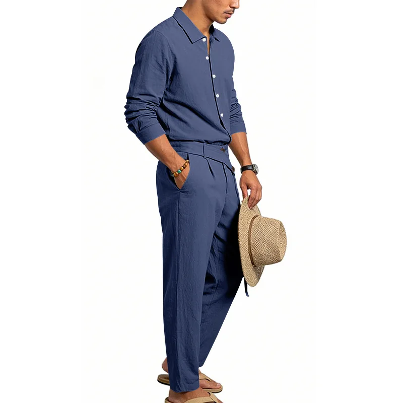 Spring Autumn Linen Men's Casual Set Amazon Loose Lapel Long Sleeve Shirt & Long Pants 2 Piece Set Wholesale